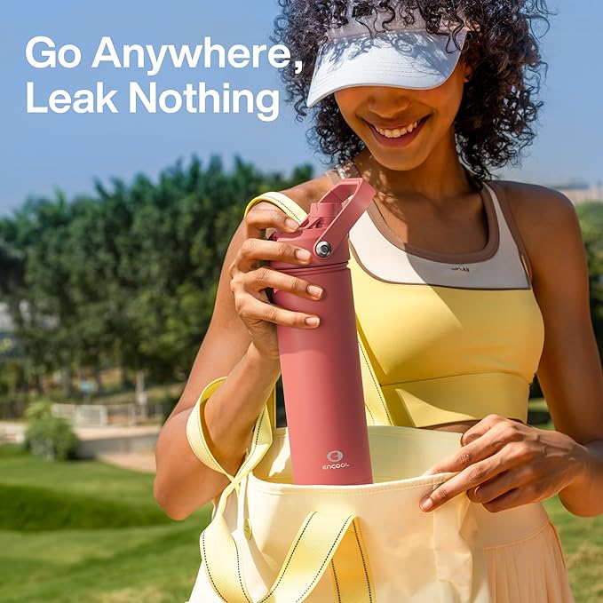 Insulated Water Bottle with Straw - Encool Stainless Steel Water Bottle, Leak-Proof, BPA-Free, Double Wall Vacuum Keeps Cold for 24 Hours for Sports, Travel, School (26 oz, Tawny Orange)