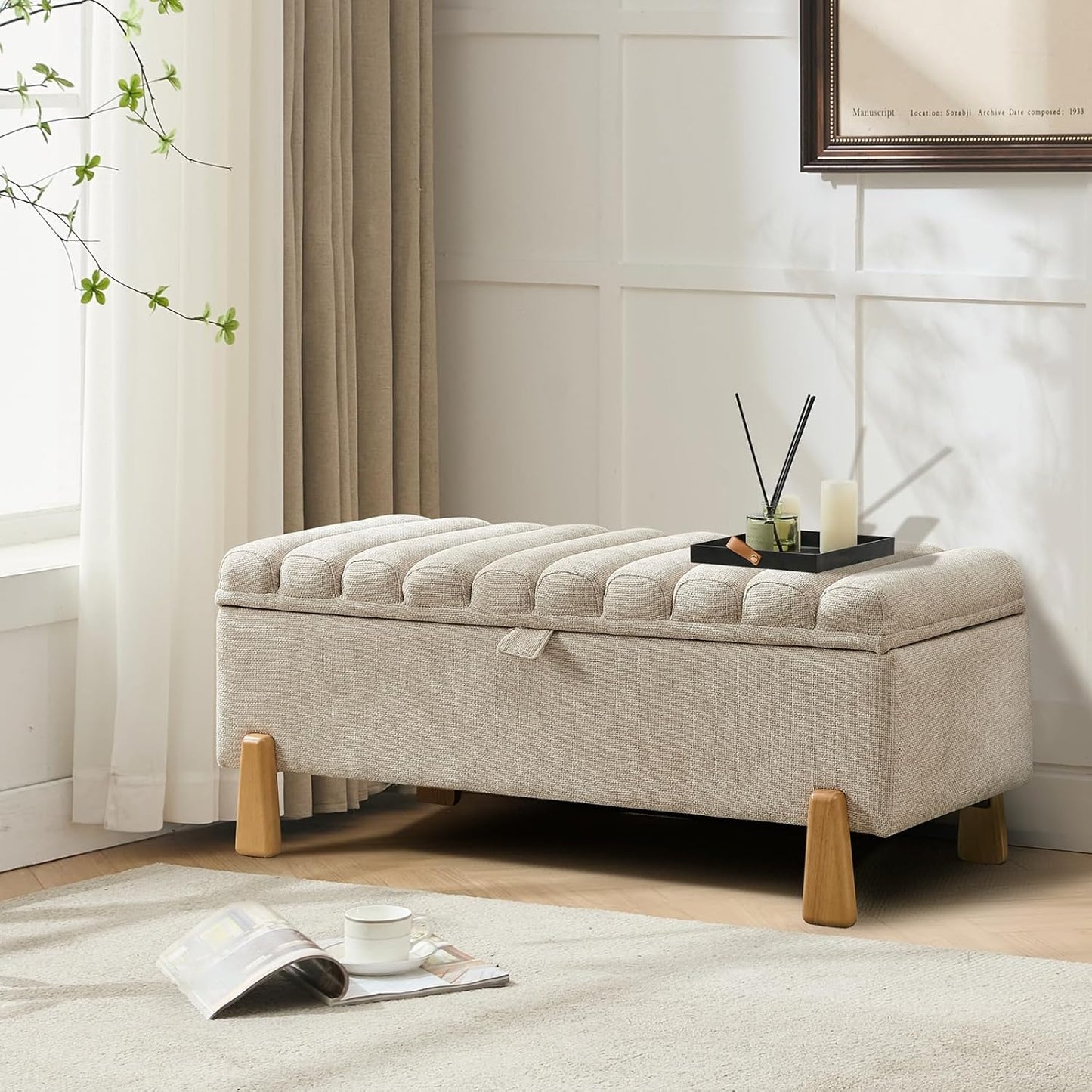Storage Bench Ottoman 48.6 Inch with Safty Lift Top Lid, Tufted Solid Wood Tapered Legs Footstool for Bedroom, Living Room & Entryway Light Brown