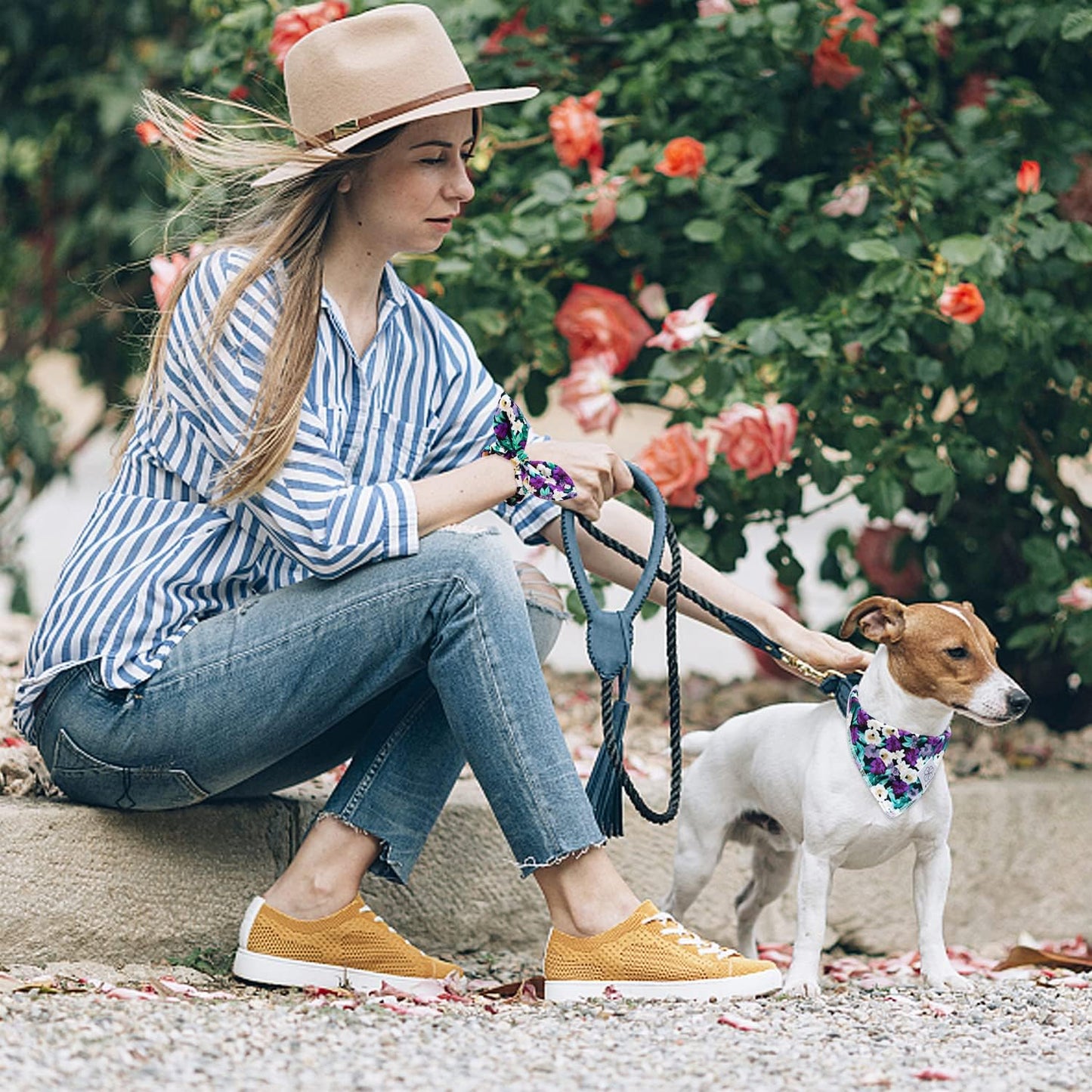 E-Clover Dog Bandanas & Matching Scrunchie Set Dog Bandana Scarf Bibs Washable Kerchief for Small Dogs Puppy & Pet Owner Purple Halloween Accessories