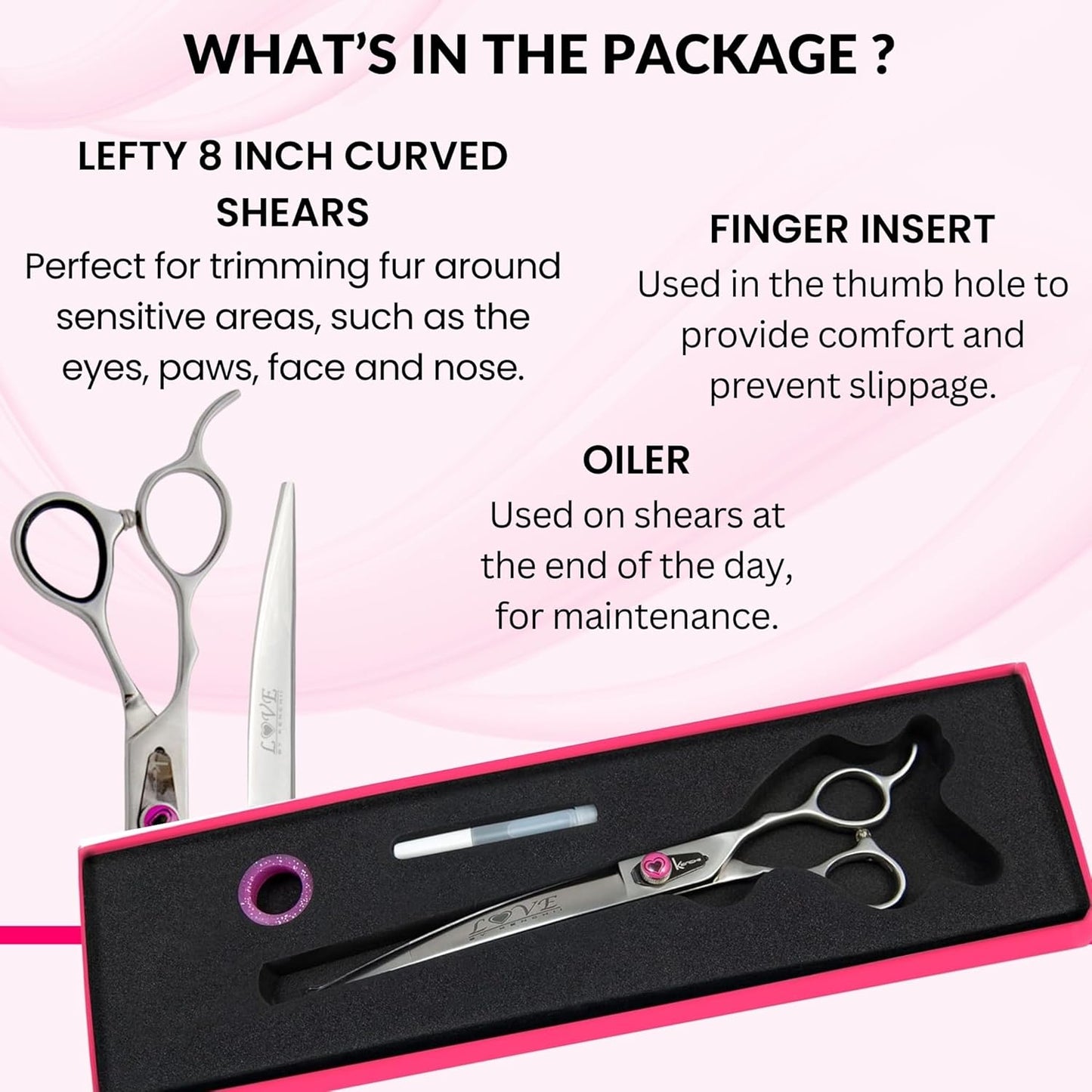 Kenchii Love Left Handed Dog Grooming Scissors, 8 Inch Curved Shears, Dog Scissors for Grooming, Professional Pet Grooming Scissors, Ergonomic & Comfortable