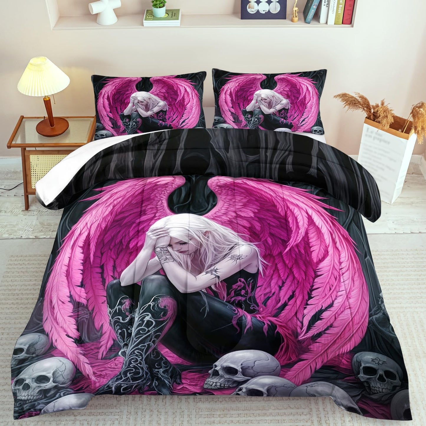 Gothic Skull Comforter Set Full for Adults,Angel Wings Bedding Set Pink for Girls,Sexy Angel Comforter Bedroom Decor Teen,Gothic Skull Bedding Decor Pink Wings Quilt