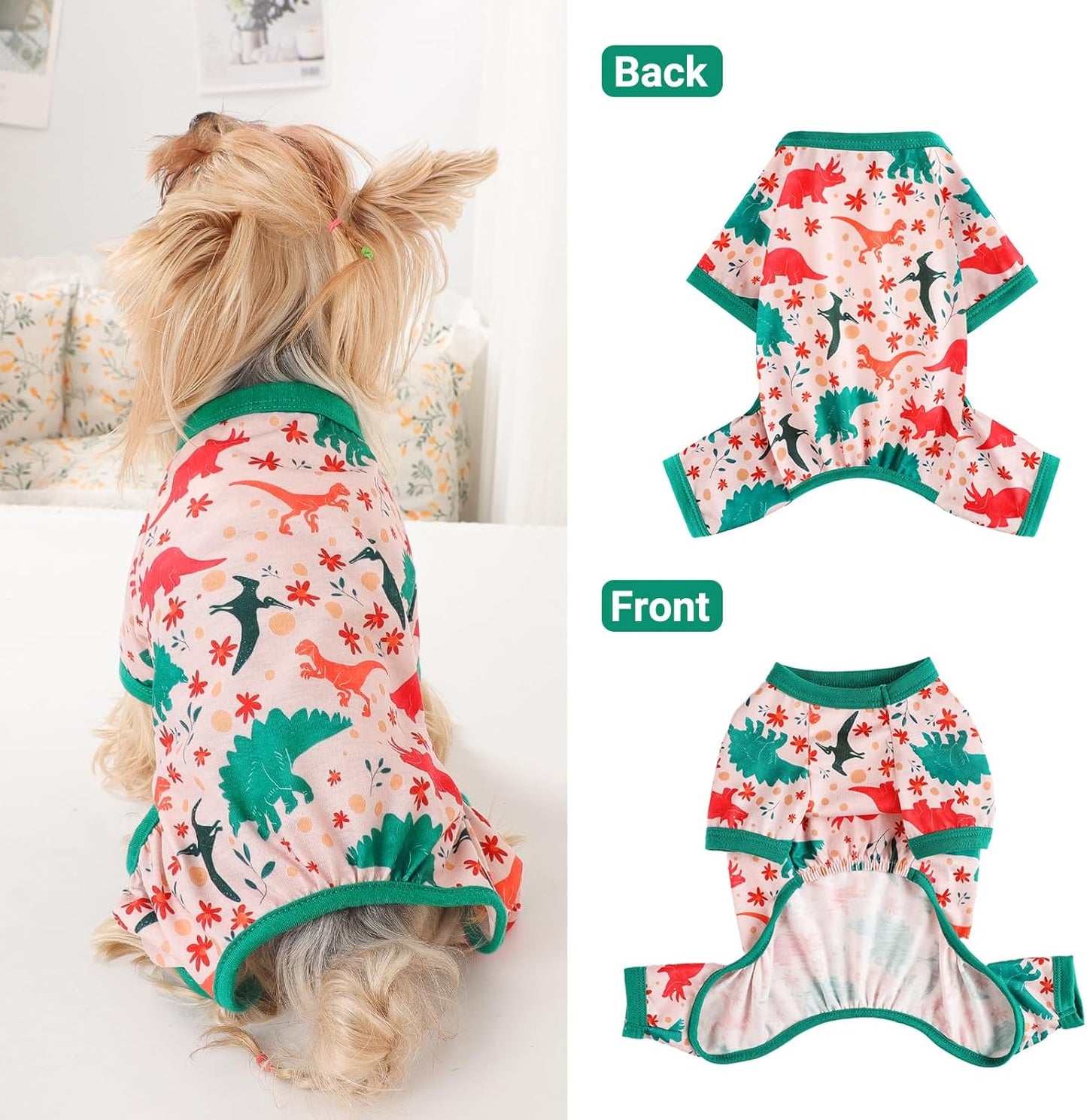 Dog Pajamas Small Sized Dogs Stretchable Summer Dog Clothes Pjs 4 Legs Girl Boy Cute Soft Puppy Outfits Doggie Cat Jammies Jumpsuit Sleeper for Pet, Dinosaur, XS