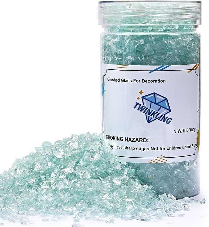 TWINKLING High Luster Fire Glass Gravel Stone Glitter,Broken Glass,Fire Gems Chips,Crushed Glass for Fire Pit Crafts Resin Art Aquarium Garden Decoration,3-6mm,1-Pound Jar (Aqua)