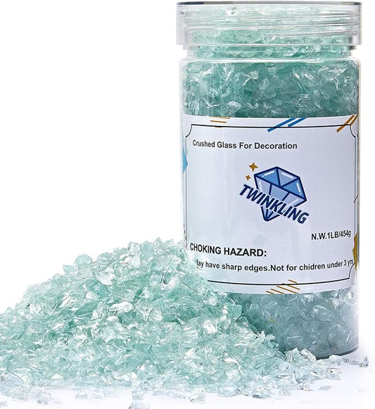 TWINKLING High Luster Fire Glass Gravel Stone Glitter,Broken Glass,Fire Gems Chips,Crushed Glass for Fire Pit Crafts Resin Art Aquarium Garden Decoration,3-6mm,1-Pound Jar (Aqua)