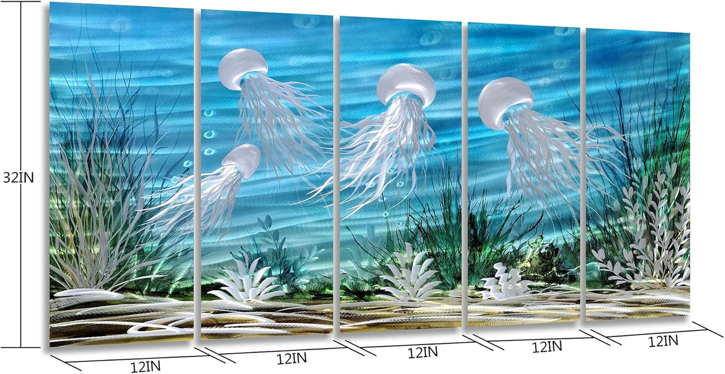 SYGALLERIER Coastal Metal Wall Art Handcrafted 3D Jelly Fish Aluminum Artwork Modern Sea World Pictures Contemporary Abstract Sculpture for Living Room Bedroom Bathroom Decor