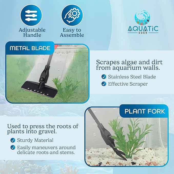 Aquarium Cleaning Tools 7 in 1 - Fish Tank Cleaning Kit with Algae Scraper, Scrubber Pad, Adjustable Telescopic Long Handle, Fish Net, Gravel Rake, Fork & Brush - Saltwater & Freshwater Tank
