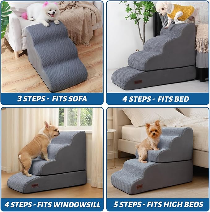 4-Step Dog Stairs and Ramp for Beds or Couches – Non-Slip Sturdy Pet Steps for Small Dogs and Cats,21" H,Grey