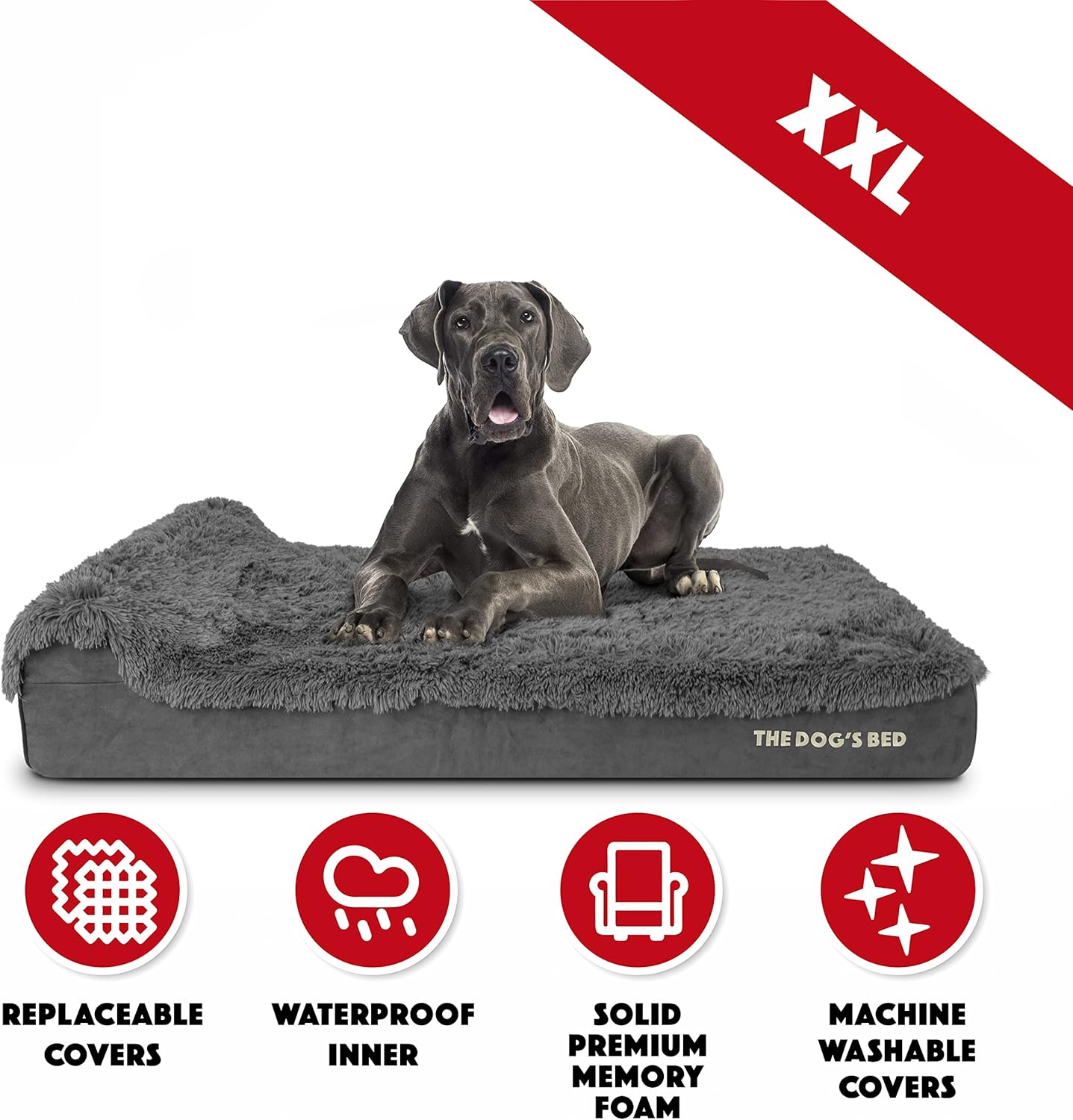 The Dog’s Bed Orthopedic Headrest Dog Bed XXL Grey Fur 54x36, Memory Foam, Pain Relief: Arthritis, Hip & Elbow Dysplasia, Post Surgery, Lameness, Veterinary Approved, Waterproof Washable Cover
