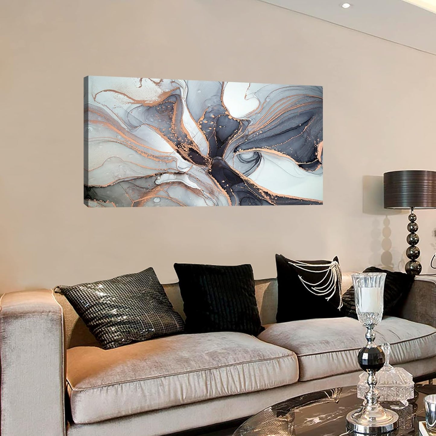 XXMWallArt FC3475 Framed Wall Art Gray and Gold Abstract Painting Background Abstract Canvas Wall Art Print Painting for Bedroom Living Room Office Wall Decor Home Decor