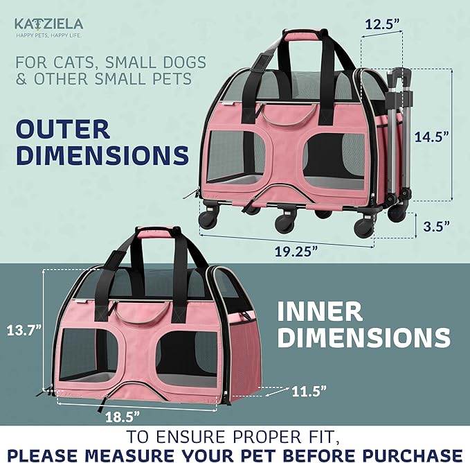 Katziela Pet Carrier - Airline Compliant Dog Carrier - TSA Approved Pet Carrier for Small Dogs and Cats - Soft FAA Travel Airplane Dog Carrier Luggage (Pink/White-6 Wheels)