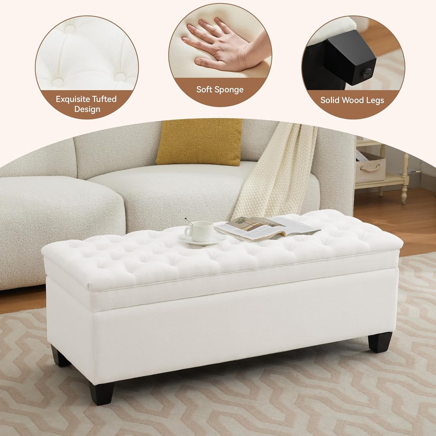 51" Fabric Storage Ottoman Bench, Upholstered Rectangle End of Bed Storage Ottoman Tufted Living Room Bedroom Bench with Safety Hinge, Solid Wood Legs, Loads 500 lb(Beige)