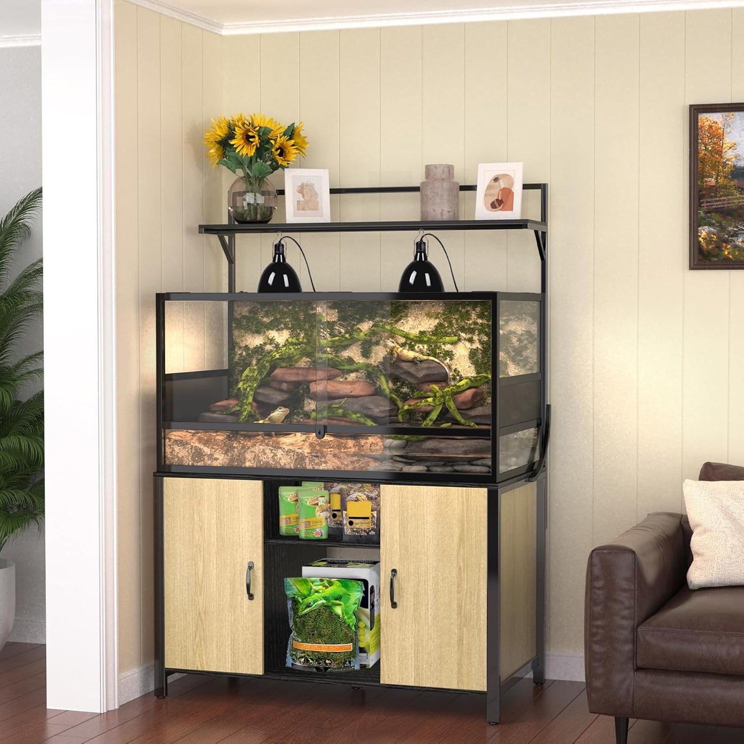 GDLF Reptile Tank Stand Terrarium Stand with Cabinet for Accessories Storage 48" X 24" Tabletop Fits up to 120 Gallon Bearded Dragon, Reptile Terrarium,Turtle Tank,Natural Wood Color