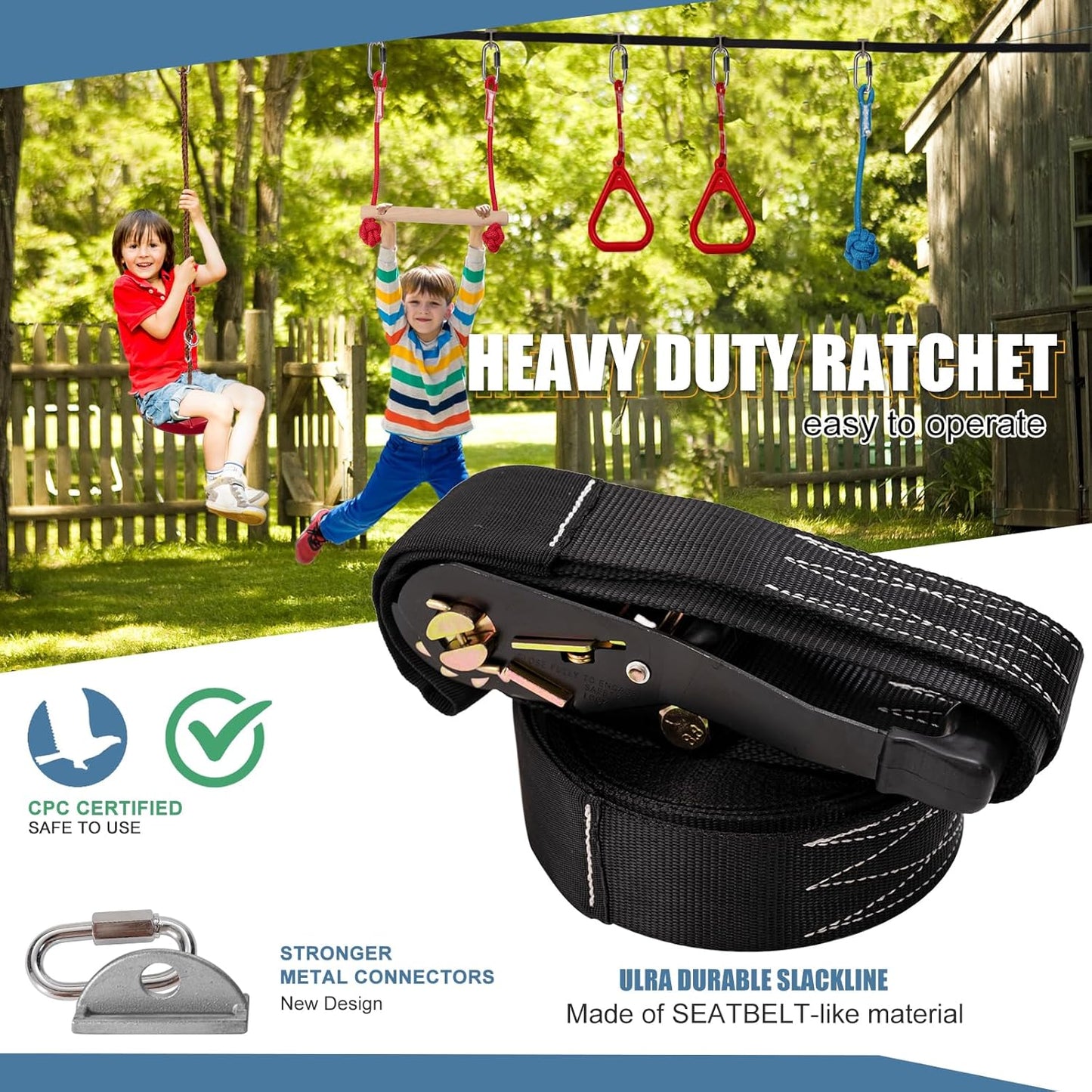 Slsy Ninja Warrior Obstacle Course for Kids, 50FT Durable Ninja Slackline Kit with 8 Complete Accessories, Playset Equipment with Swing, Climbing Net, Ladder & Monkey Bars (8 Obstacles)