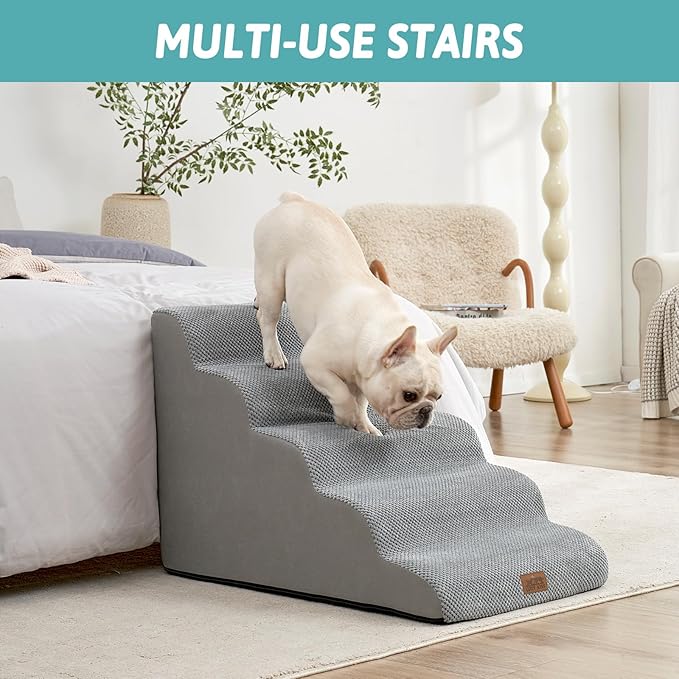Wide Dog Stairs 19.7" Width, Pet Step for Small/Medium/Large Dog, Puppy or Cat, Pet Ramp for High Bed or Car, High Density Foam Ladder, 19.7x33x22.4 in, Stable, 5 Step, Grey