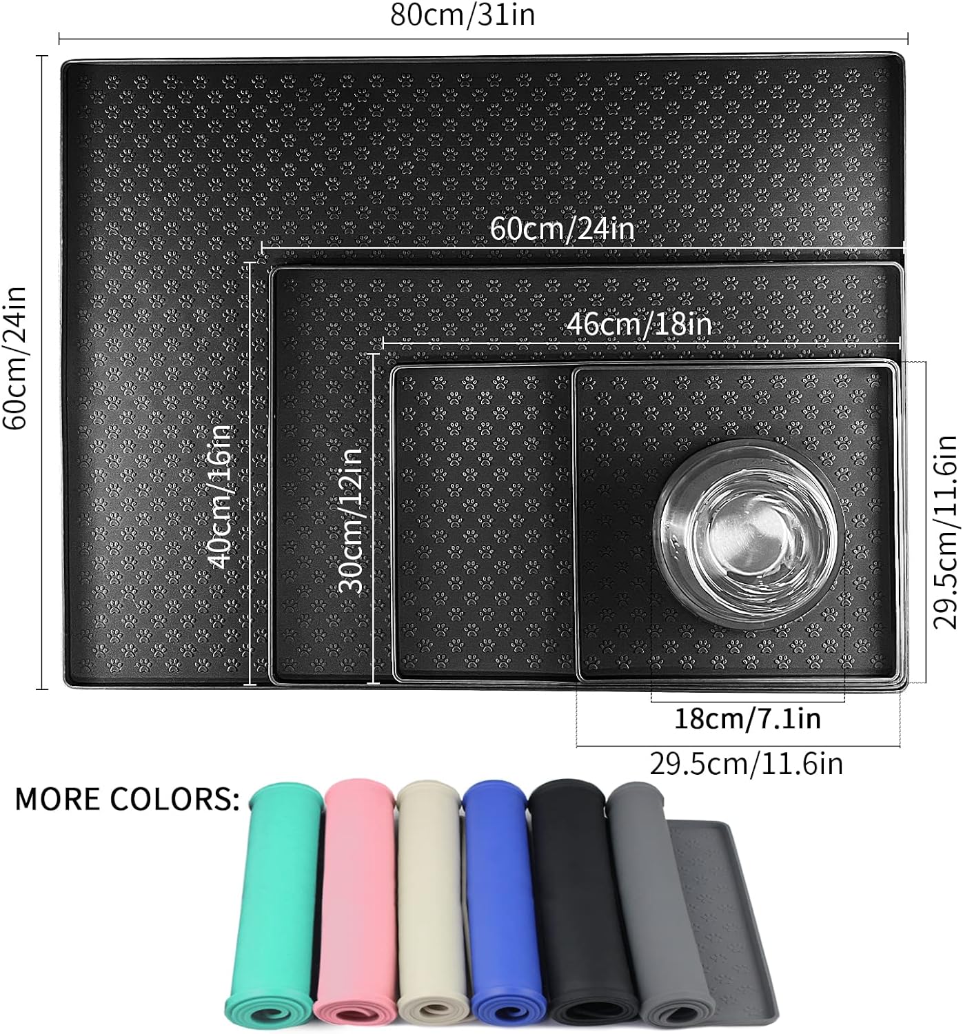 Ptlom Silicone Pet Placemat for Dog and Cat, Waterproof Anti-Slip Pet Feeding Bowl Mats for Food and Water, Small Medium Large Tray Mat Prevent Residues from Spilling to Floor, Black, 31.5" 23.6"