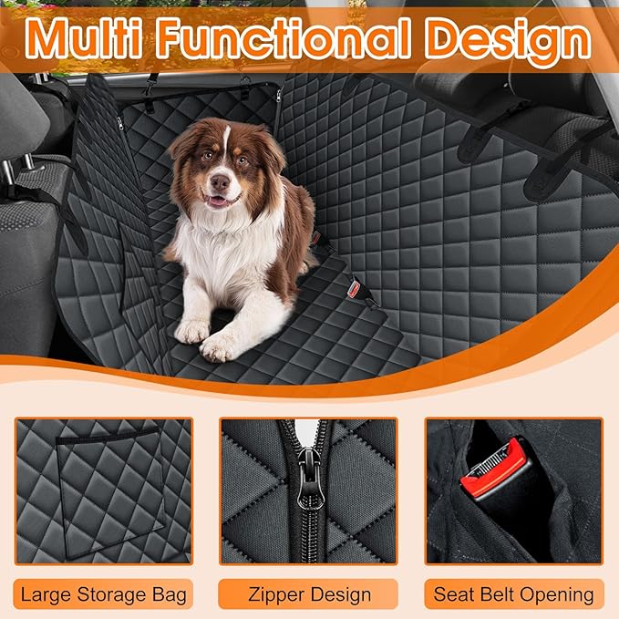 Waterproof Dog Car Seat Cover for Back Seat - Durable, Scratch Proof Pet Hammock with Nonslip Design & Storage Pockets, Fits Cars, SUVs, Trucks - L, Black