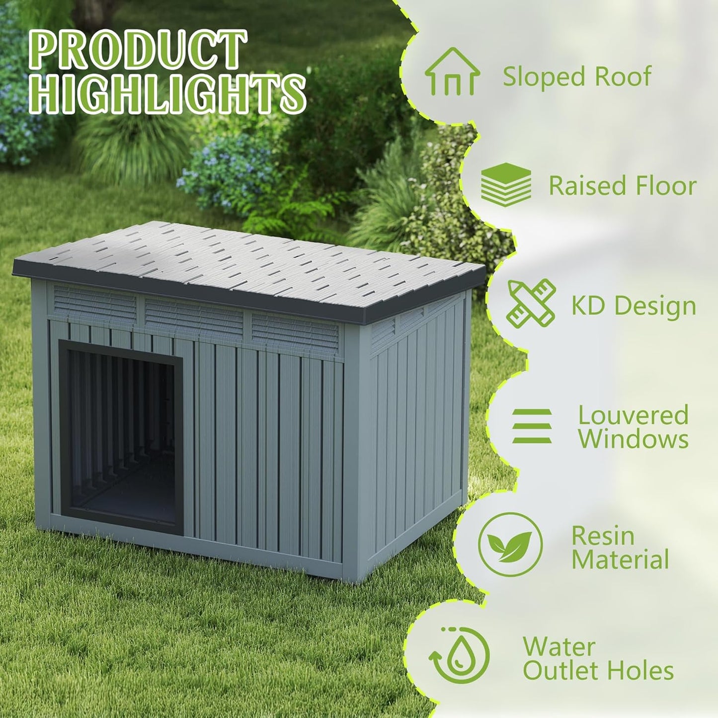Dog House Indoor Outdoor,Resin Waterproof Puppy Shelter with Air Vents and Elevated Floor,Air Rod on Top to Open,Dog Kennel for Small to Large Dogs(Grey,42.87 * 32.95 * 31.61)