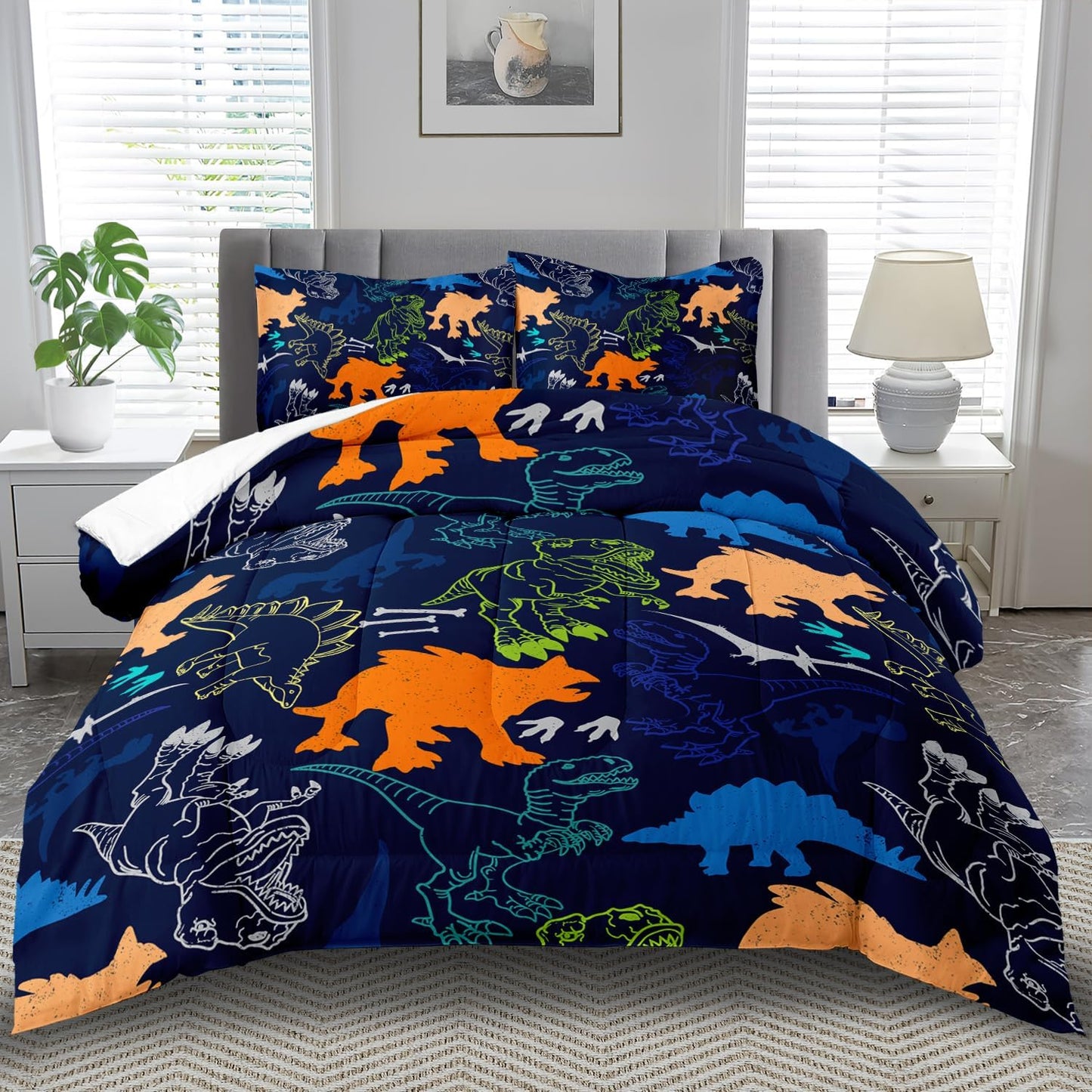 Blue Dinosaur Comforter Set King Boys,Cute Dinosaur Bedding Set King for Kids,Kawaii Dragon Comforter Blue Bedroom Decor,Cute Animal Bedding Kawaii Animal Quilt Boys