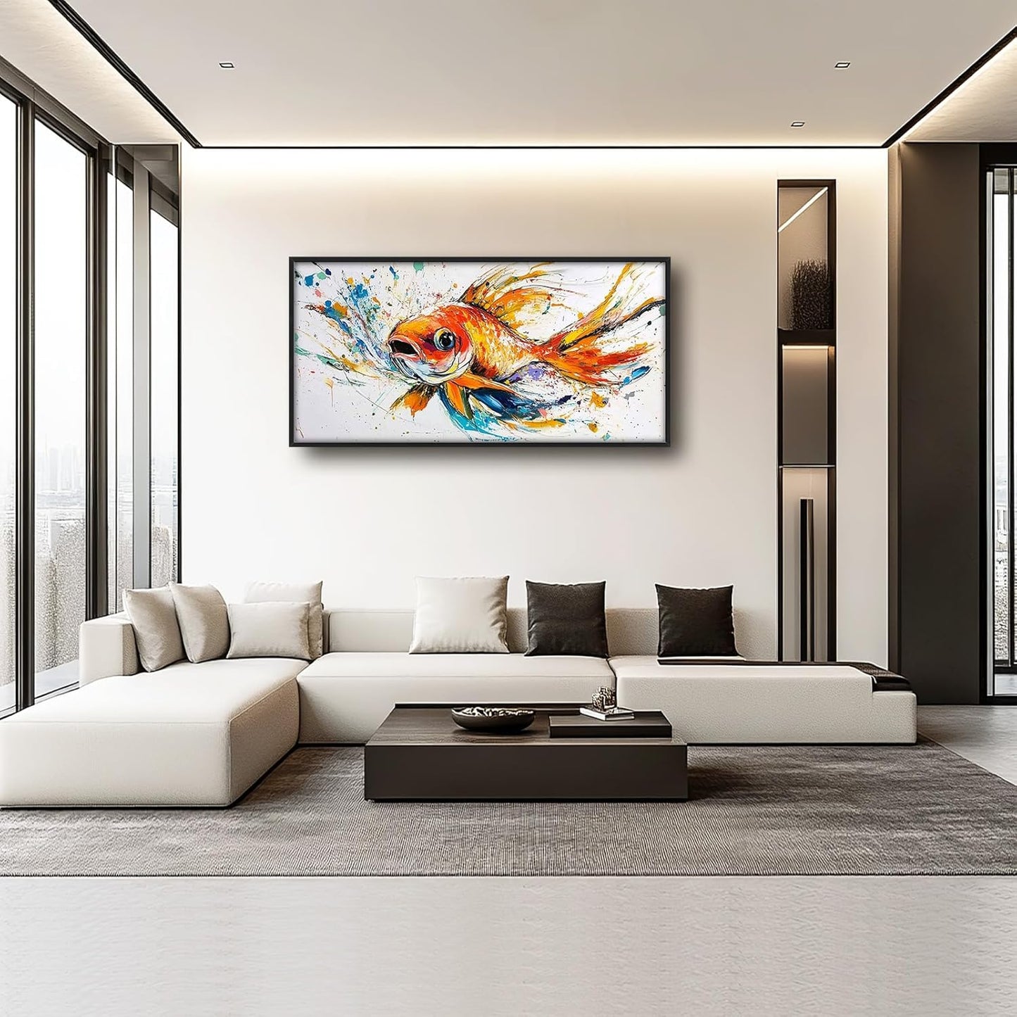 Framed Large Fish Wall Art for Living Room, Oversized Graffiti Goldfish Wall Decor Watercolor Fishing Canvas Painting Modern Artwork Home Decoration for Living Room Bedroom Office 60"x30"