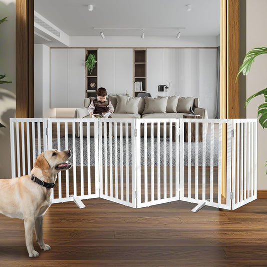ZJSF Freestanding Indoor Dog Gate for House Foldable Wood White Puppy Gate for Doorways Pet Gate for Stairs Extra Wide Pet Fence 32" Height 6 Panels