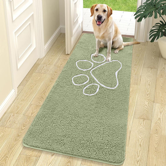 OLANLY Door Mat for Muddy Dog Paws 70x24, Ultra Absorbent Chenille Mud Doormat with Paw Print Design, Non-Slip Washable Doormat for Indoor Entryway, Quick-Dry Pet Bed Mats for Dirty Dogs, Sage Green