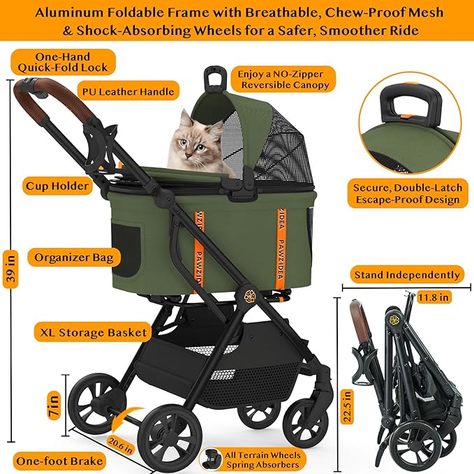 PAWZIDEA Cat Stroller 4 in 1, Pet Stroller for Small/Medium Dogs with Detachable Carrier Easy Lock NO-Zip Canopy, Seatbelt Dog Car Seat, Cozy House, Foldable Dog Jogger Strollers, Large Storage Basket