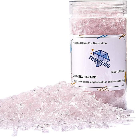 TWINKLING High Luster Fire Glass Gravel Stone Glitter,Broken Glass,Fire Gems Chips,Crushed Glass for Fire Pit Crafts Resin Art Aquarium Garden Decoration,3-6mm,1-Pound Jar (Pink)