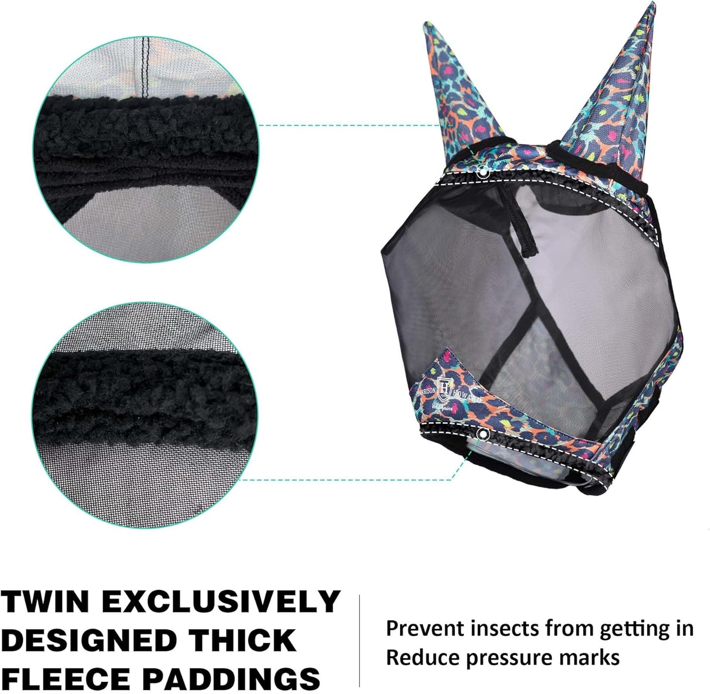 Harrison Howard Pro LumiVista Horse Half Face Fly Mask Large Eye Space with Ears UV Protection for Horse Iridescent Prints M