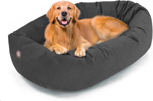 Majestic Pet 40 Inch Suede Shredded Memory Foam Mix Calming Large Dog Bed Washable 40 x 29 x 9 (Inch) - Cozy Soft Round Donut Dog Bed with Spine for Head Support - Pet Bed Gray