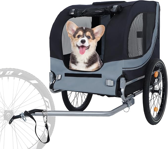 Blue-Grey Large Folding Bike Trailer for Dogs – Heavy-Duty Steel Frame, 66LB Capacity Pet Carrier for All-Terrain Cycling, Jogging & Camping Adventures!