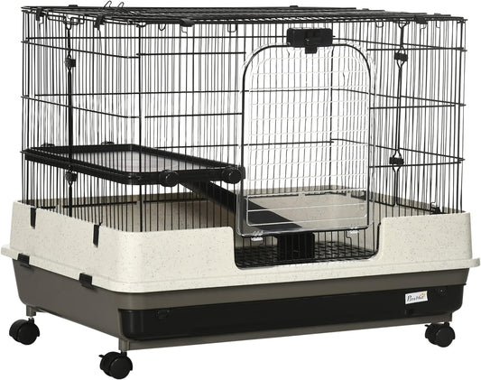 PawHut 26" Small Animal Cage with Wheels, 2-Level Portable Bunny Cage, Chinchilla Ferret Cage with Removable Tray, Platform and Ramp