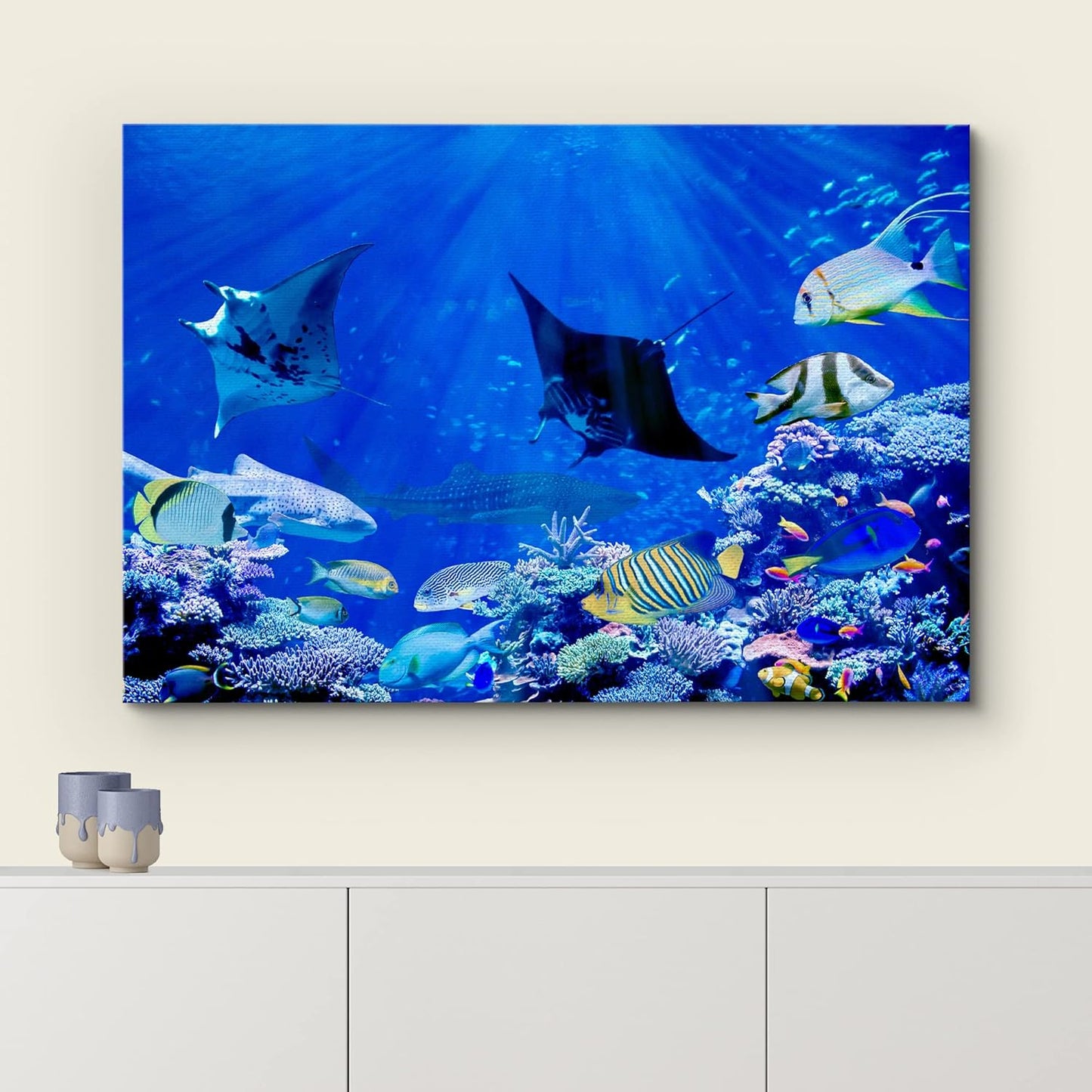 wall26 Canvas Print Wall Art Vibrant Sunlight Ray Ocean Shark Fish Reef Nature Animals Photography Realism Rustic Scenic Landscape Wilderness Earth for Living Room, Bedroom, Office - 12"x18"