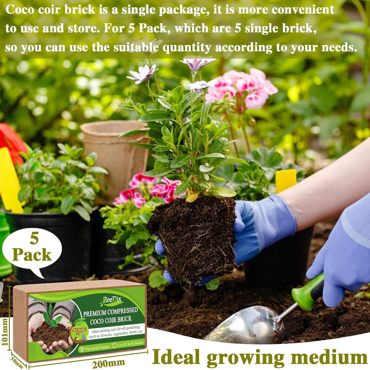 ZeeDix 5 Pack Premium Coco Coir Brick, Organic Compressed Coconut Coir Bricks Seed Starter Potting Soil for Plants, Coconut Fiber Substrate with Low EC & pH Balance for Gardening Flower Herbs