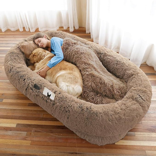 Human Dog Bed, Large Dog Beds for Humans Size Fits You and Pets, Washable Faux Fur Orthopedic Human Pet Bed for People Doze Off, Napping, Present Pillow, Blanket, Strap - Khaki