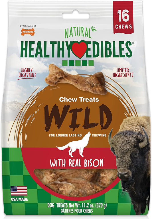 Nylabone Healthy Edibles WILD Natural Dog Chew Treats, Bison Flavor, Small Dogs Up to 20 lbs - Made in USA (16 Count)