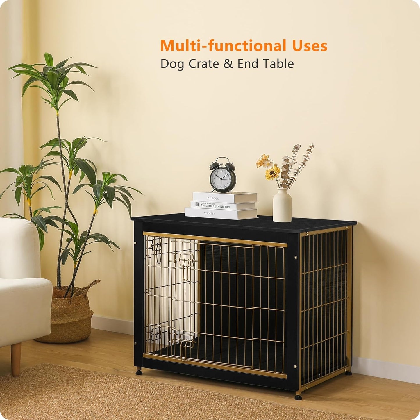 DWANTON Dog Crate Furniture with Cushion, Wooden Kennel Table with Double Doors, Indoor Dog House, Medium Size, 32.5" L, Black+Gold