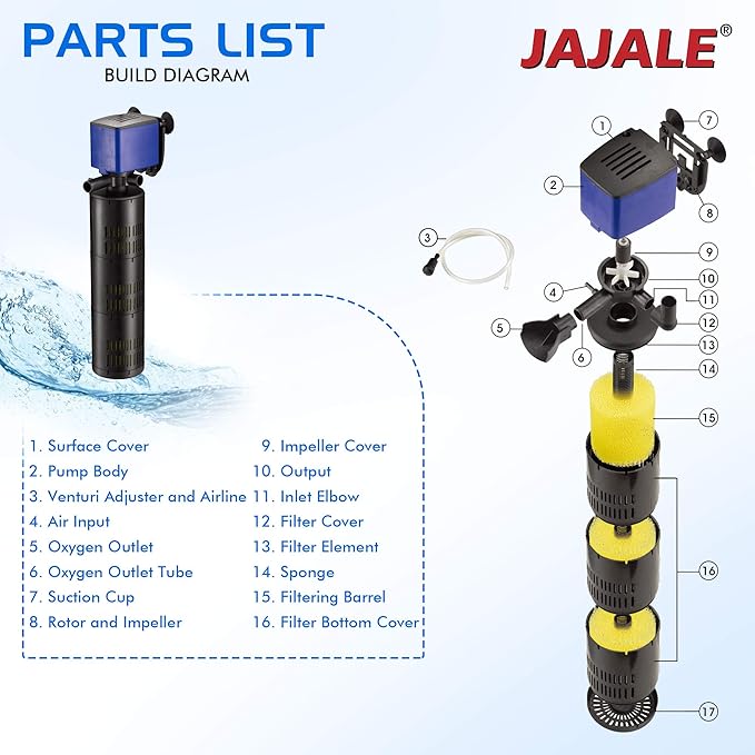 Water Pump 475 GPH 3-in-1 Submersible Internal Filter Aquarium Powerhead Water Pump Ultra Quiet for Aquarium,Fish Tank