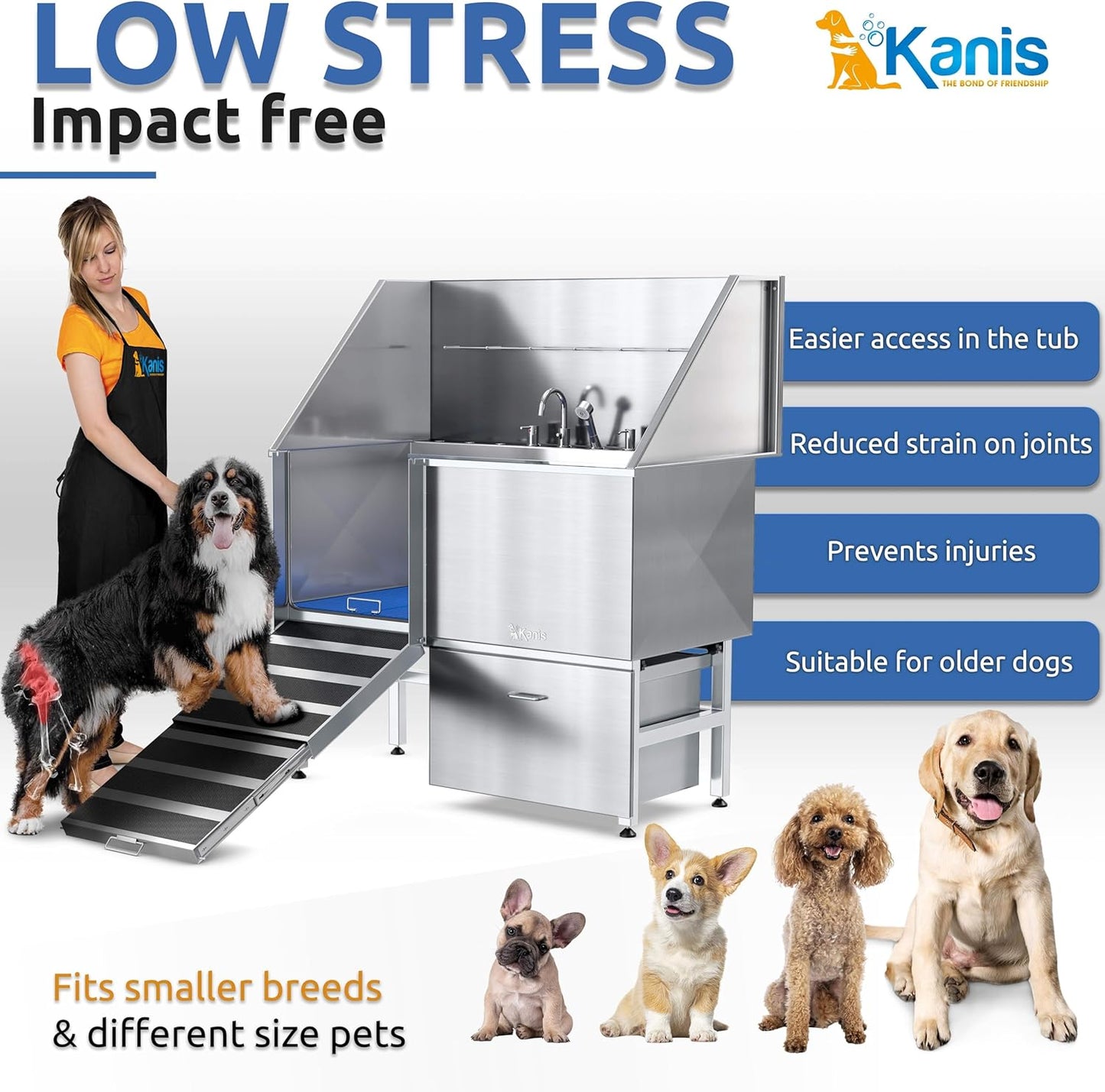 KANIS Professional Dog Washing Station - 304 Stainless Steel Pet Wash Sink & Grooming Bath Tub for Home with Ramp, Shower, Floor Grate, Storage Drawer, Faucet, Drain Kit for Large, Medium & Small Pets