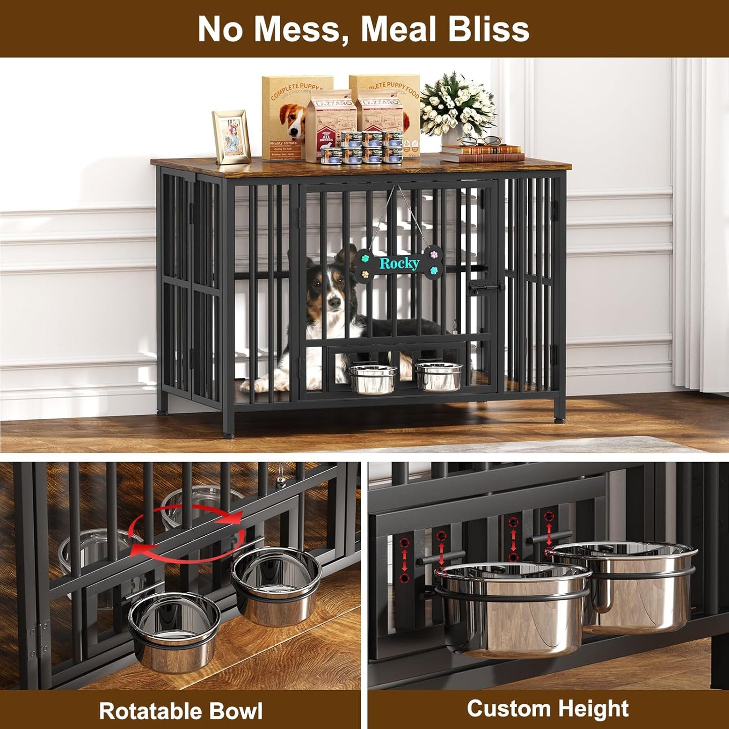 Easycom 41" Dog Crate Furniture Foldable, No Assembly Decorative Dog Kennel Indoor, Dog Crates for Large Dogs (40–65 lbs), Wooden Dog Cage with Adjustable Bowls and Name Tag, End Table, Rustic Brown