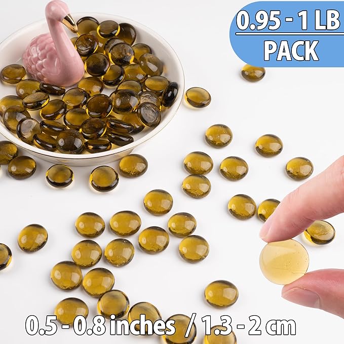 Amber Glass Marbles, 0.97LB Transparent and Smooth Mancala Stones, Yellow Flat Glass Beads for Vases, Mosaic Gem Pebbles for Aquarium Decor, Floral Arrangements Vase Filler and Crafts,Approx.80-100PCS