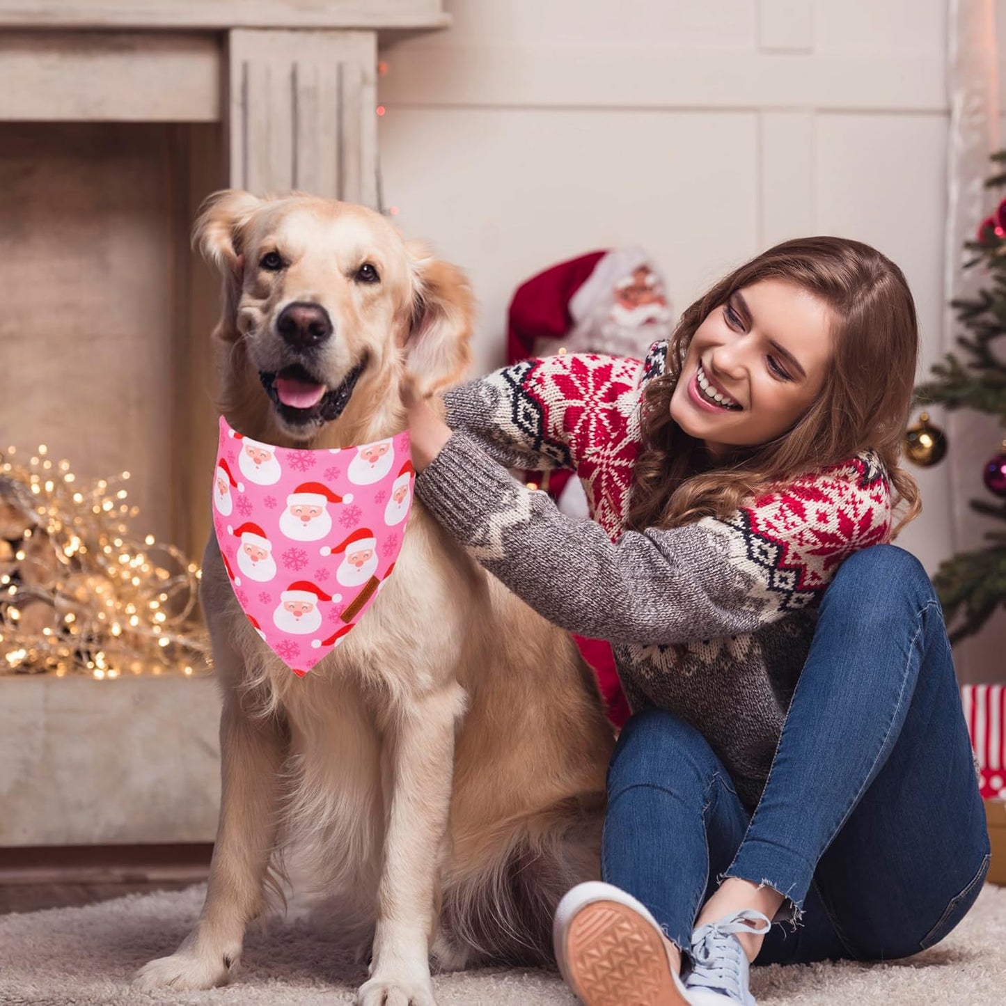 ADOGGYGO Christmas Dog Bandana, Xmas Tree Santa Pet Scarf, Premium Durable Fabric, Adjustable Fit Female Pet Christmas Bandanas for Extra Large Dogs (X-Large)