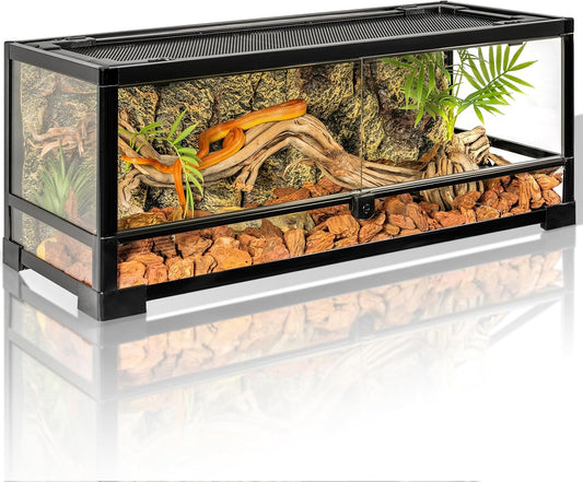 Tempered Glass Reptile Tank, 30x12x12 Inch Front Opening Terrarium with Top Screen Ventilation & Water-Holding Bottom, 20 Gallon Reptile Enclosure for Snake, Leopard Gecko, Bearded Dragon