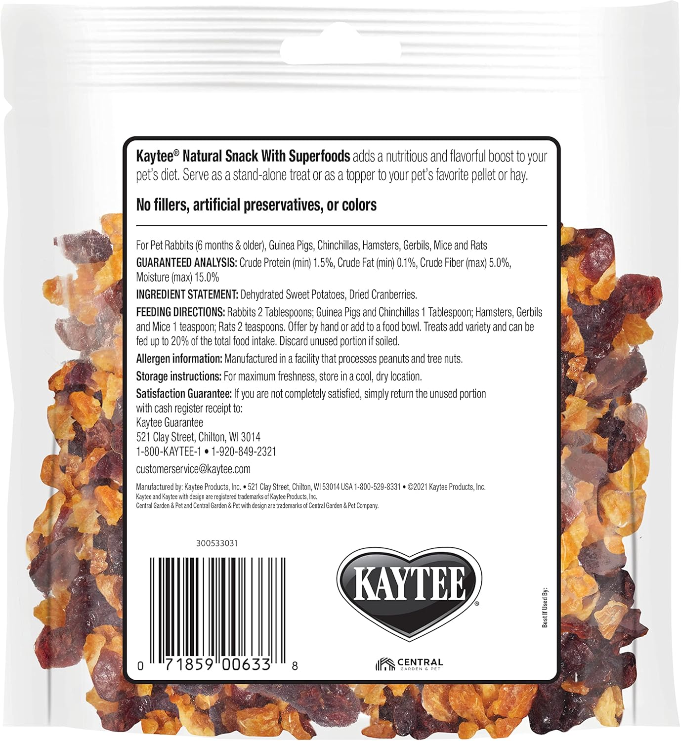Kaytee Natural Snack with Superfoods For Pet Guinea Pigs, Rabbits, Hamsters, and Other Small Animals, Sweet Potato & Cranberry, 3 Ounces