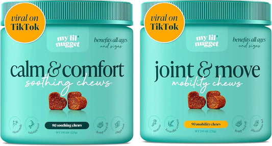 My Lil’ Nugget – Dog Calming & Mobility Support Bundle | Calming Chews for Dogs with DHA & Lion’s Mane | Hip & Joint Supplement with Glucosamine & Hemp | Anxiety Relief & Joint Health – 2 Pack