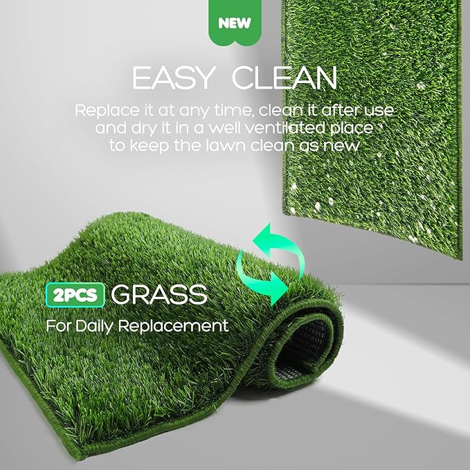 Dog Grass Pad with Tray, 23×16in Small Litter Box, 2×Grass Pad for Dogs Potty Washable, Thick Soft Odor-Free Hemmed Dog Pee Grass, Indoor Puppy Potty Training Balcony (Without Grid)