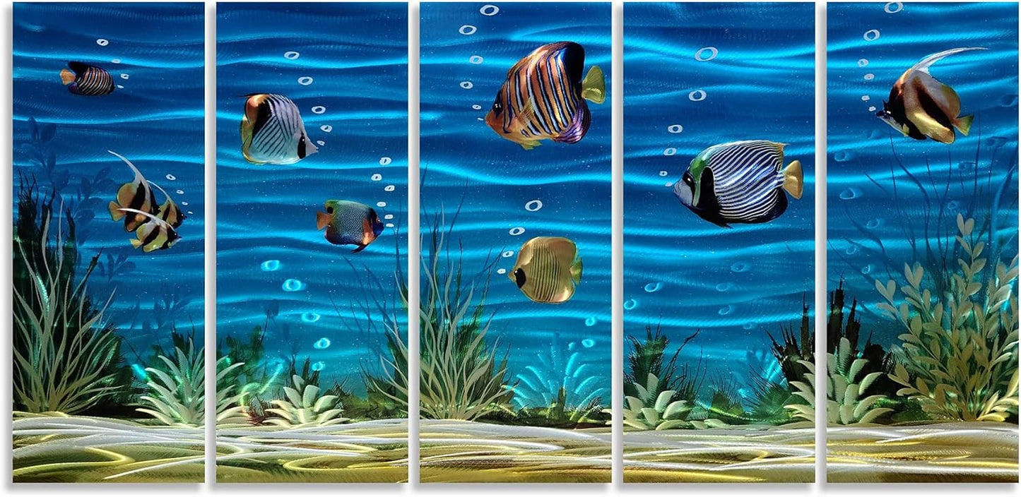 SYGALLERIER School Of Fish Metal Wall Art Handcrafted 3D Coastal Aluminum Artwork Modern Abstract Sea Styles Wall Accent in Blue Green Silver Color for Living Room Bedroom Bathroom Decor