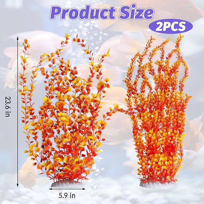 Hamiledyi Aquarium Plastic Plants Aquarium Decor Artificial Fish Tank Plants,Tall Fish Tank Decorations, Extra Large Aquarium Plant 23.6-inch Tall,2PCS（Orange Style B）
