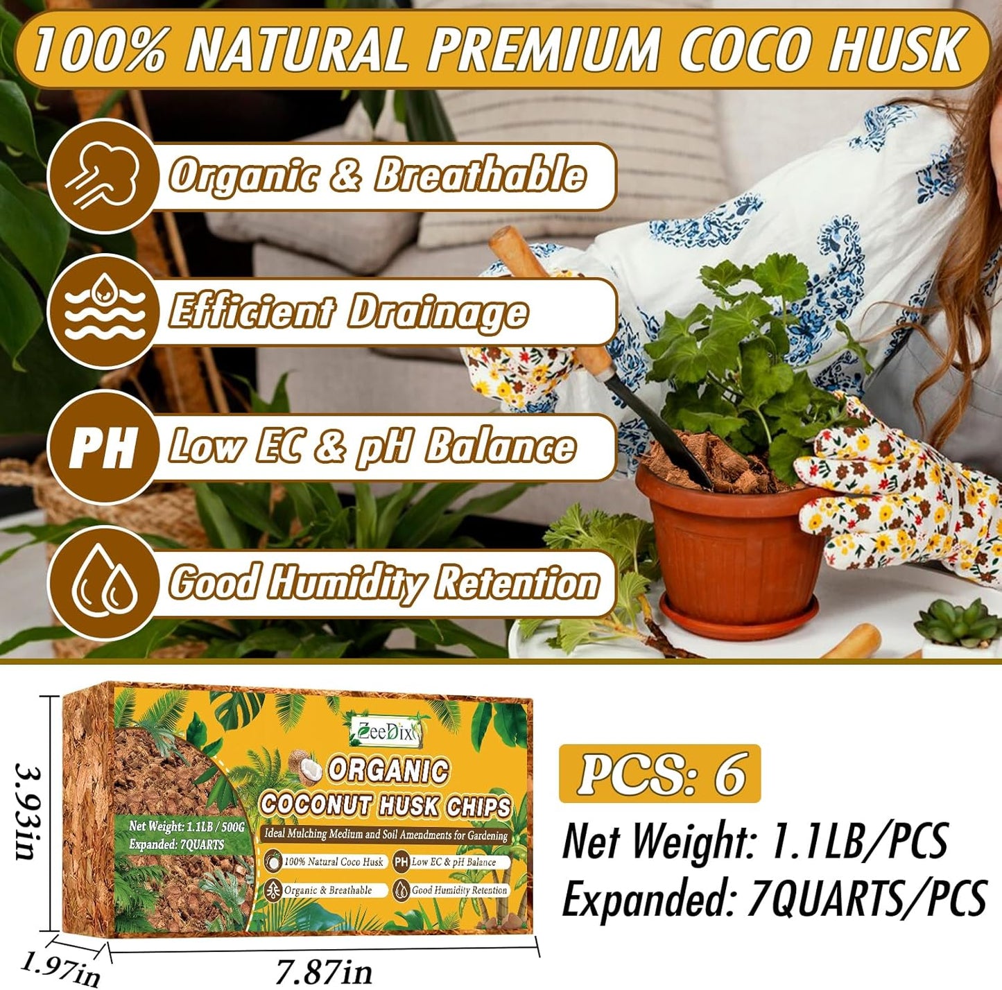 Zeedix 6 Pack Coco Husk Chips for Plants(6.6LB), 100% Organic Coconut Chips Mulch with Low EC & PH Balance, All Purpose for Indoor Plant Flowers Herbs Vegetables, Reptiles Terrarium Tanks Substrate