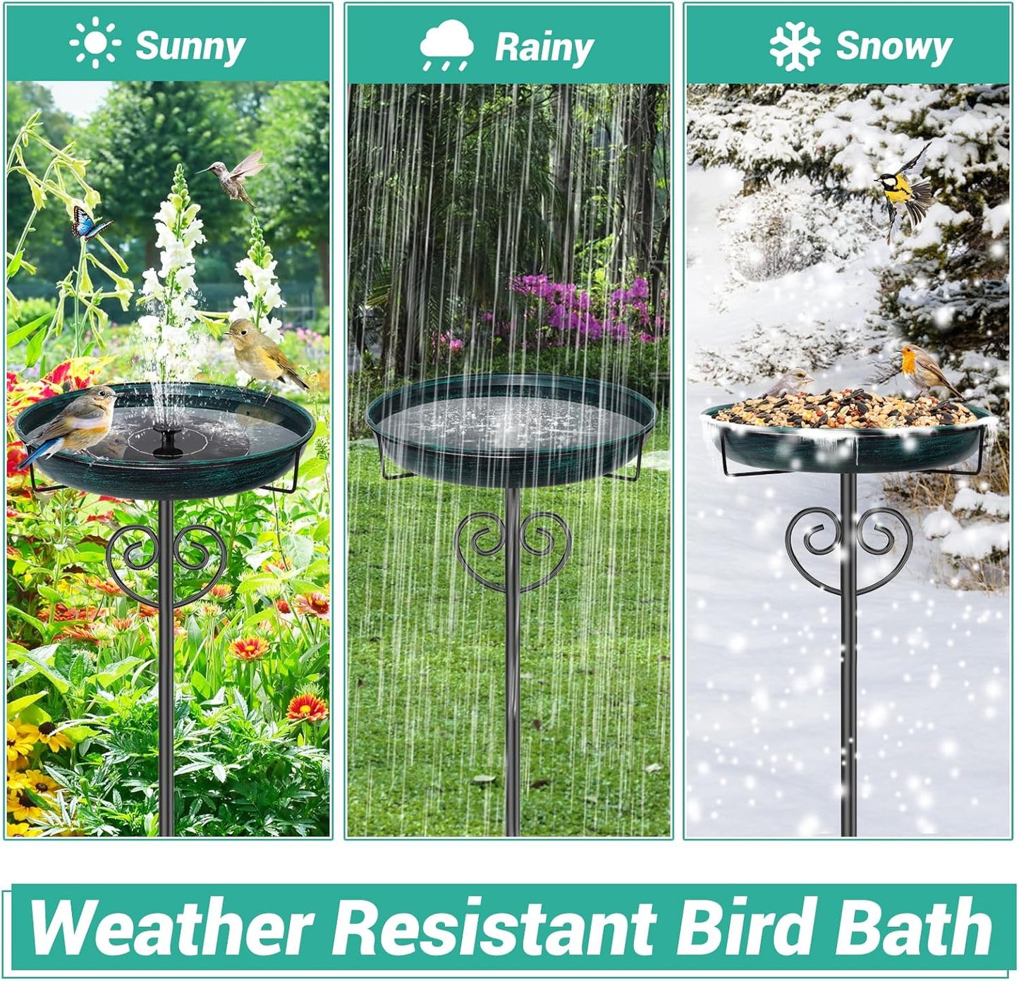 Metal Bird Bath for Outside, Freestanding Bird Bath Bird Feeder Bowl with 5-Pronged Base Stake Detachable Birdbaths Bowl for Outdoors Garden Patio Yard Lawn Decor (Vintage Green)