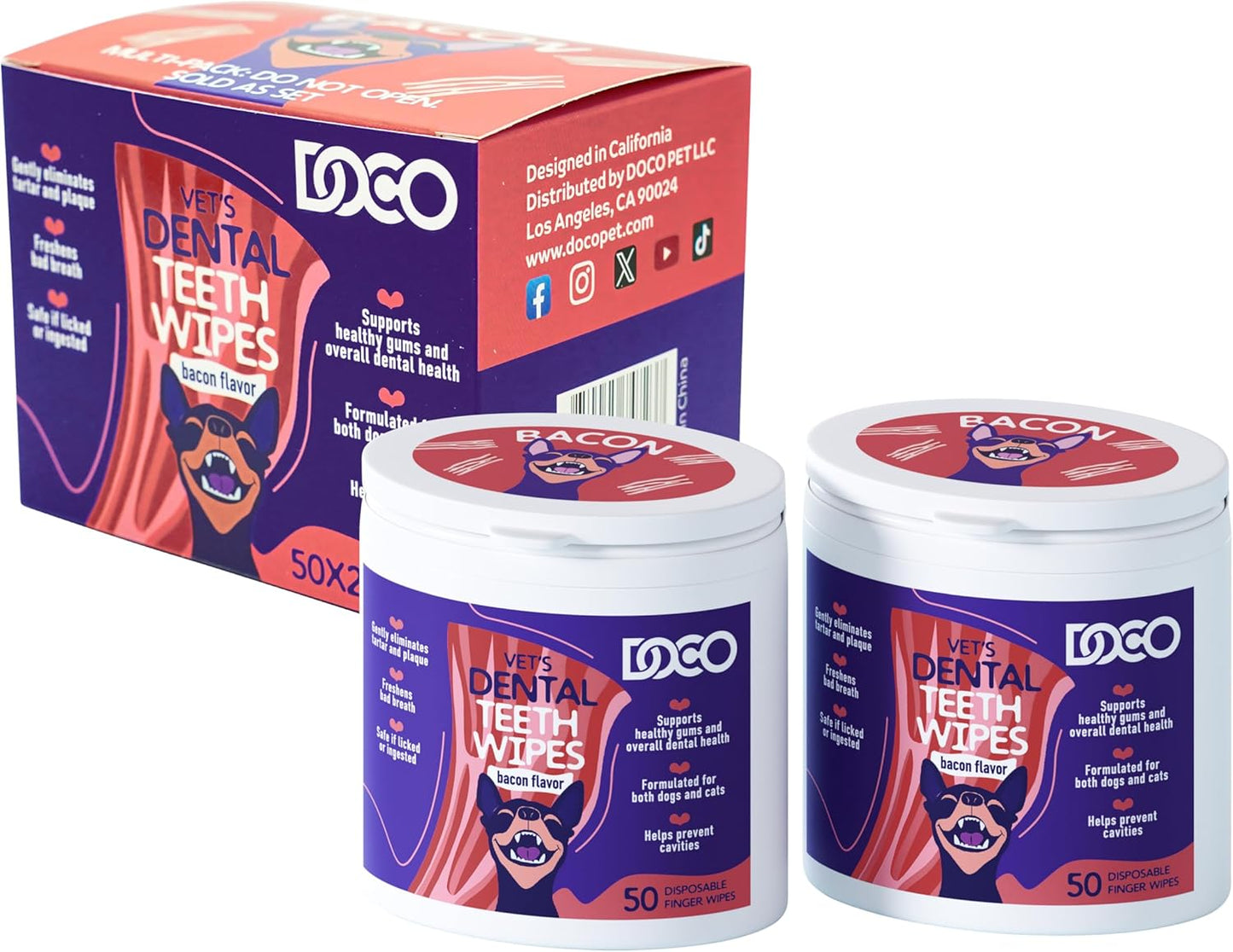 DOCO Dog Teeth Cleaning Wipes Dental Finger Wipes for Cats & Dogs Remove Plaque & Tartar, Freshen Breath, No Rinse, Easy & Effective Pet Tooth Cleaning Kit for Oral Care, Bacon Flavor, 100 Count